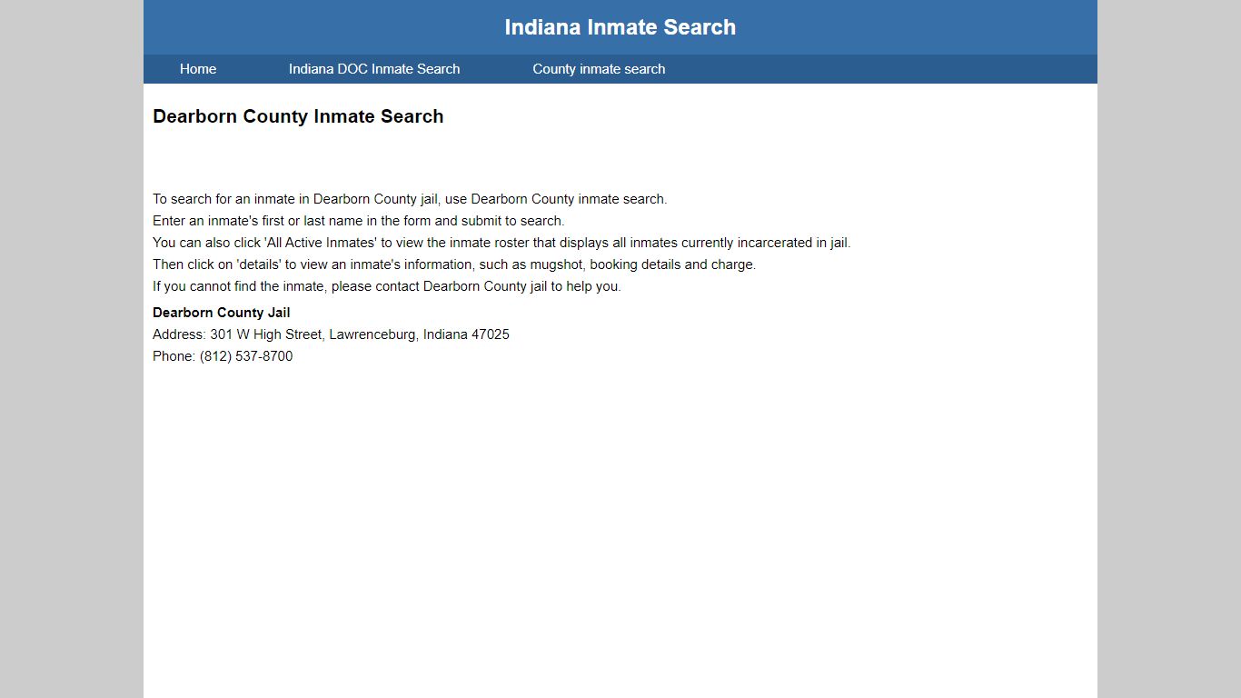 Dearborn County Jail Inmate Search - Indiana Inmate Search